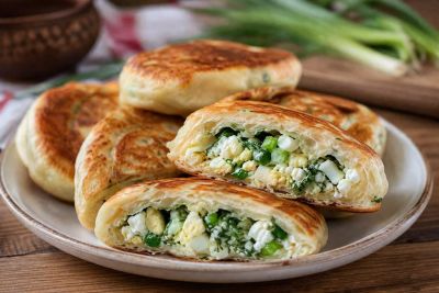 Пышные лепешки на кефире с творогом, яйцами и свежей зеленью на тарелке