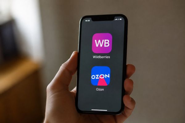 Смартфон с приложениями маркетплейсов Wildberries и Ozon на фоне банковской карты и покупок